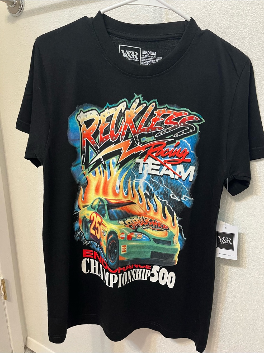 Young & Reckless Black Racing Graphic Tee with Multicolor Flame Print